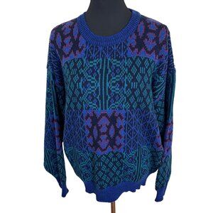 Vintage 1990s Womens Pullover Sweater Geometric Pattern Knit Purple Green XL